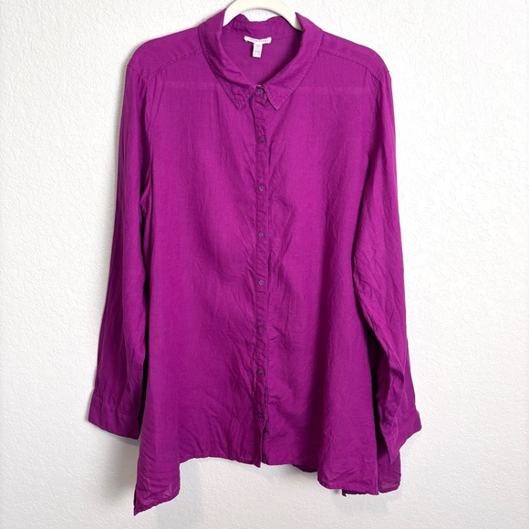 Eileen Fisher Organic Handkerchief Linen Classic Collar Shirt Magenta Women’s XL - Picture 2 of 10